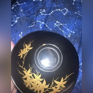 Vintage Japanese Black Lacquer Gilded Handpainted  6 Plates And 6 Rice Bowls
